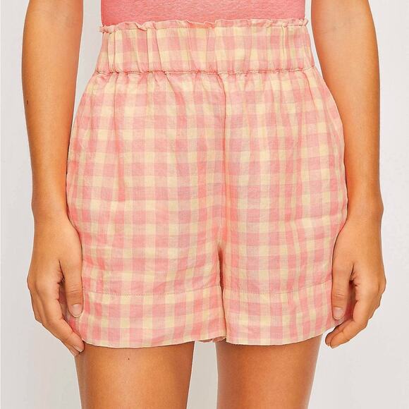 Lou & Grey Gingham pink/beige 100% Linen pull on high rise shorts size small - Picture 15 of 16